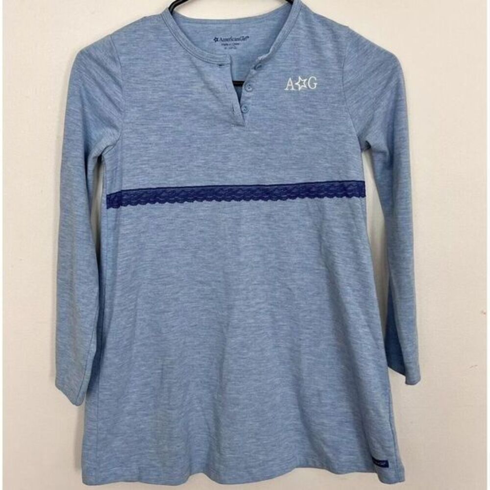 American Girl Girls Tunic Shirt Button Collar Blue Long Sleeve Medium 10-12 Lace